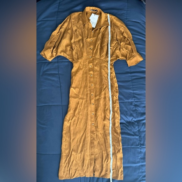 Zara NWT Women's Satin Pleated Midi Shirt Dress in Toffee (Gold) Size X-Small - Picture 7 of 12